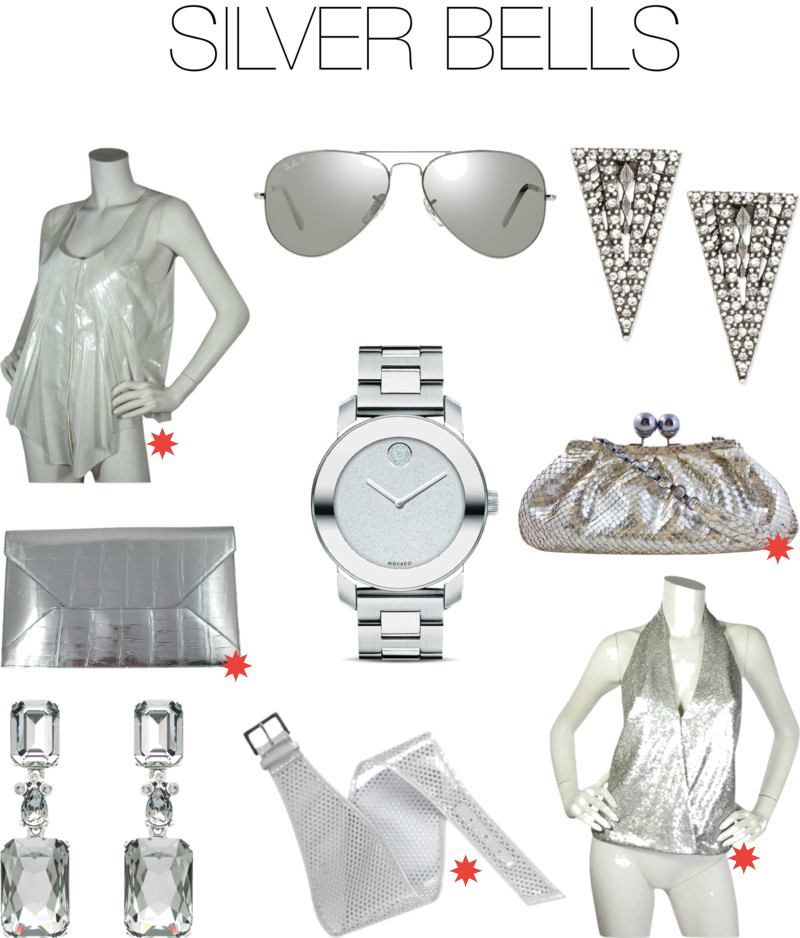 HolidayGiftGuide-SilverBells From left to right: Alexander Wang Top | Ray Ban Sunglasses | Lulu Frost Earrings | Alexandra Knight Bag | Movado Bold Watch | Kara Ross Bag | Oscar de la Renta Earrings | Fendi Belt | Donna Karan Halter Top