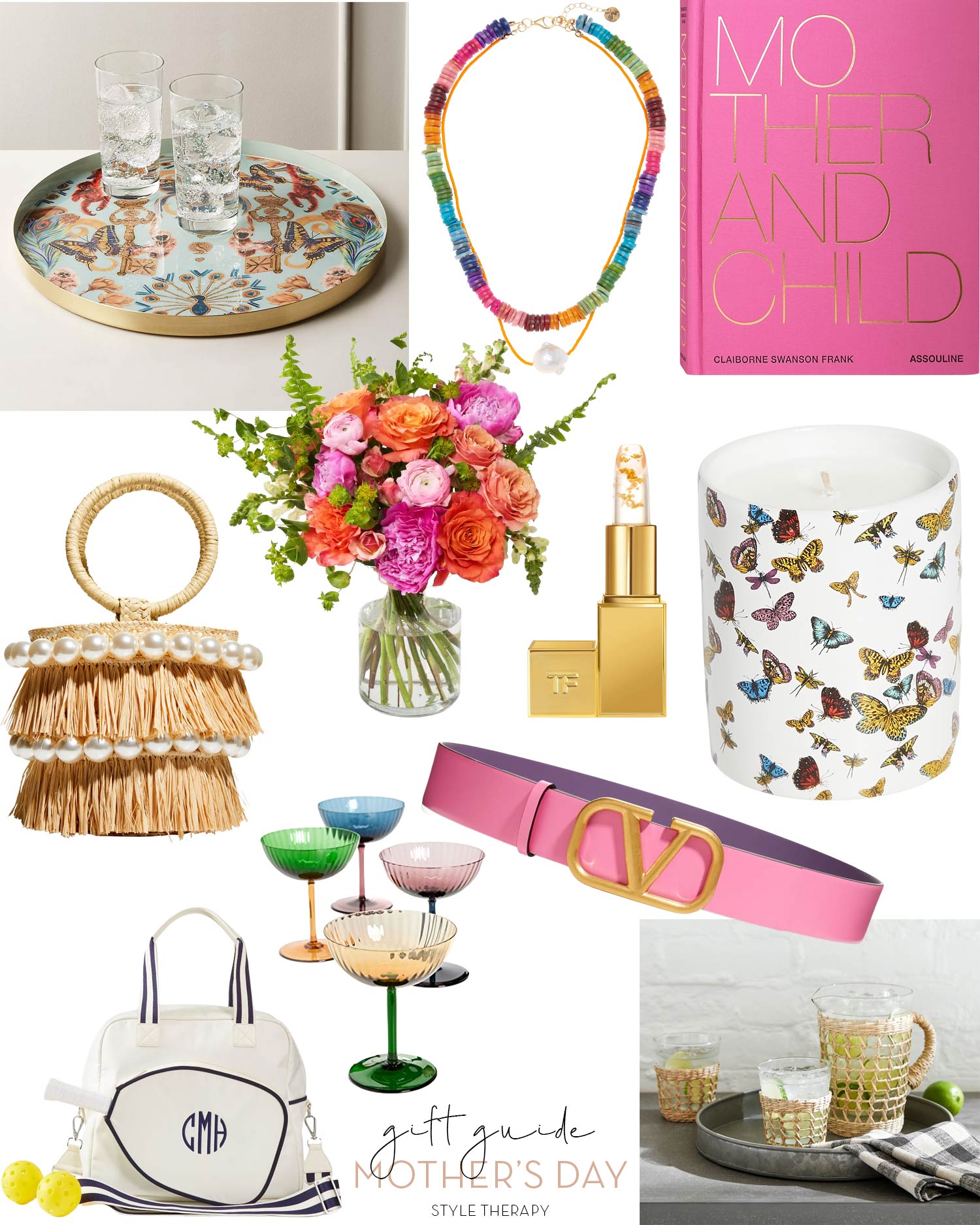 Photo collage of gift ideas for Mother's Day 2022. Bag belt book candle glassware lip balm flowers